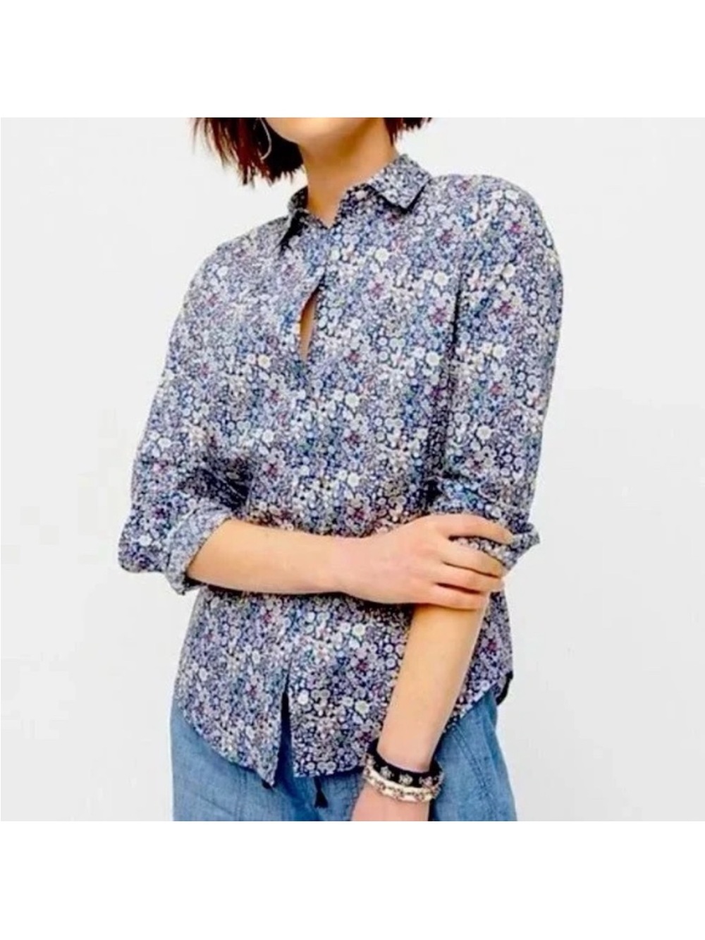 J.Crew Liberty Shirt Top Womens Junes Meadow Floral Button Down Poplin Blue